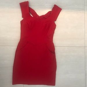 Red mini semi formal dress w pockets and open back